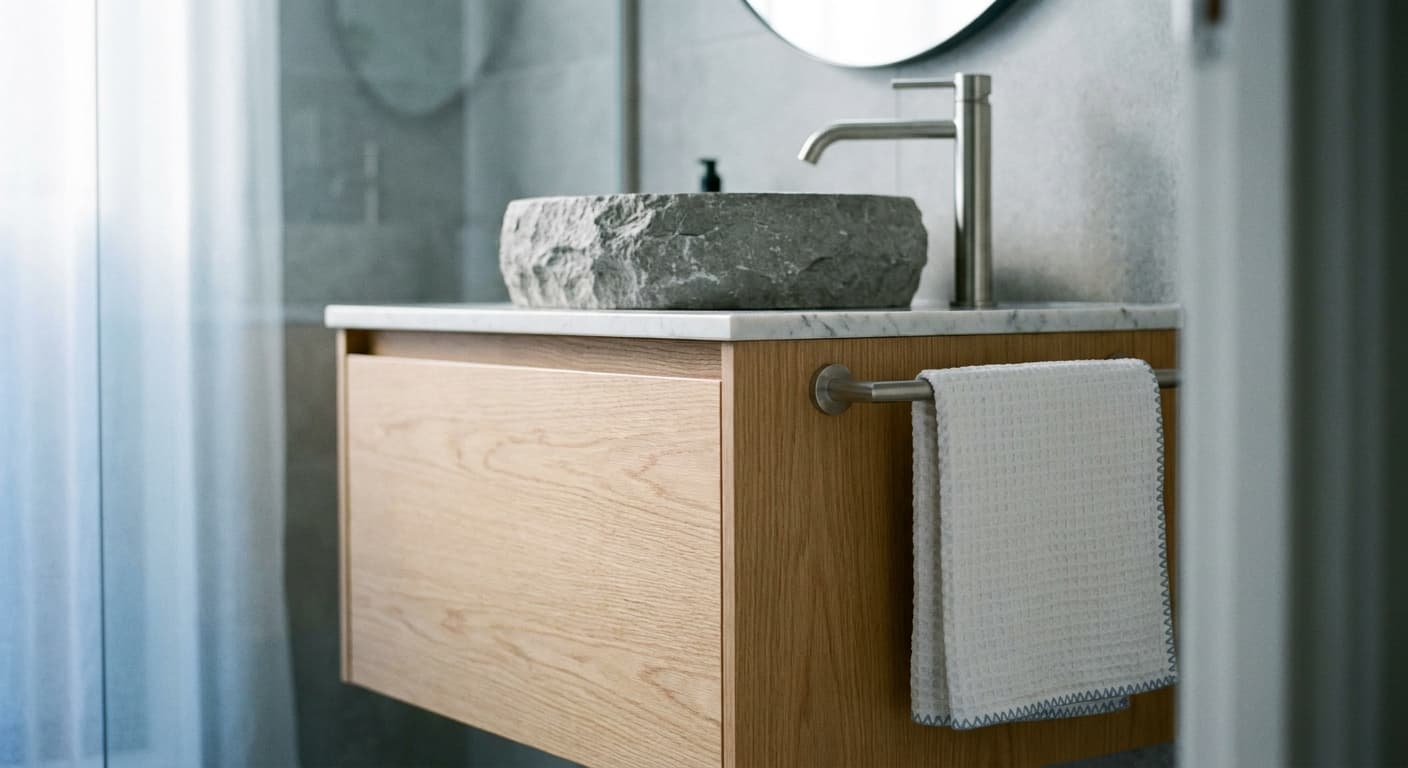Schilke Bad-Detail: Vanity-Closeup mit Stein-Basin und Chrome-Tap
