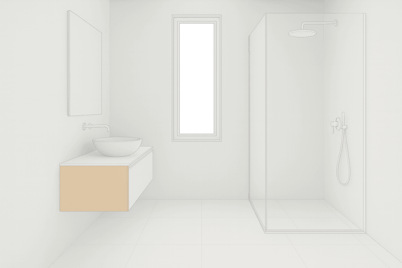 3D-Software-Render des geplanten Bads, gleiche Perspektive, flache CGI-Materialien
