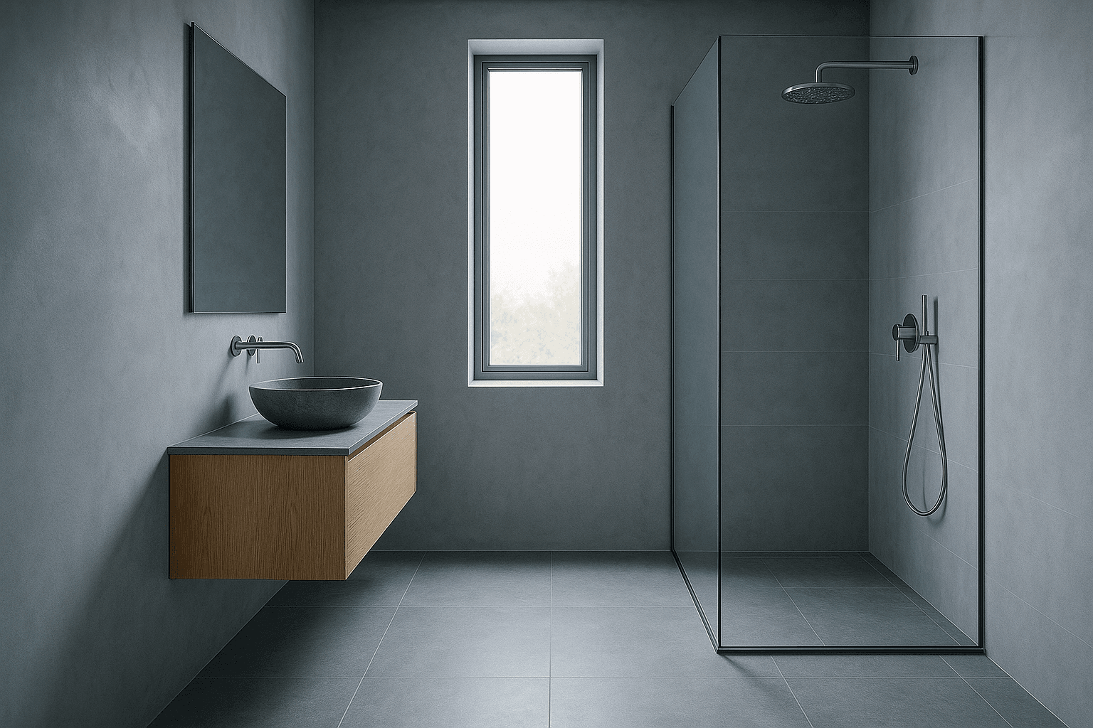 Fotografie des gebauten Bads, gleiche Perspektive, realistisches Licht und Schatten