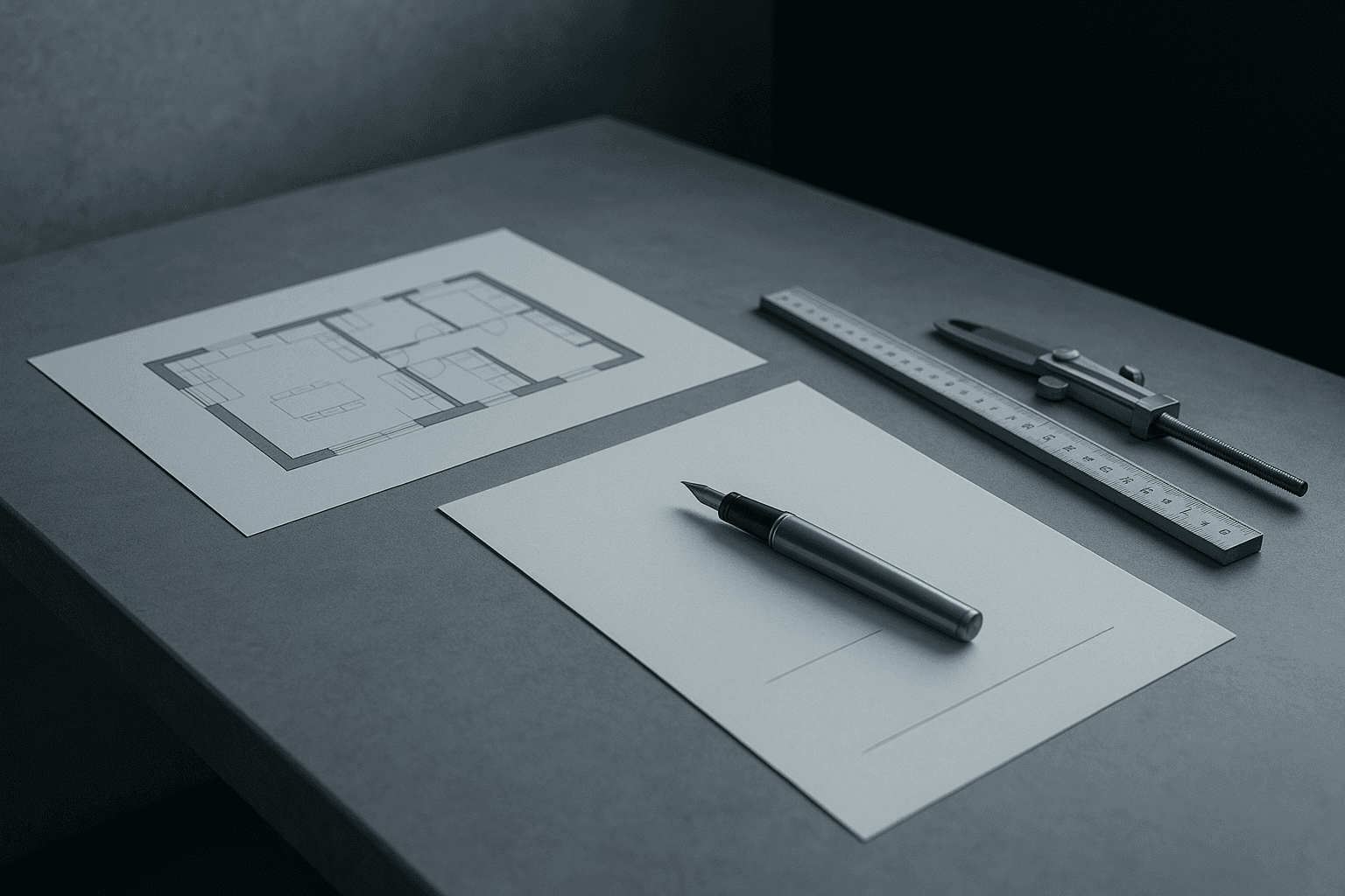 Festpreis-Prinzip: ein vermessener Grundriss-Plan und ein Dokument mit Füllfederhalter auf einem aufgeräumten Studio-Tisch.