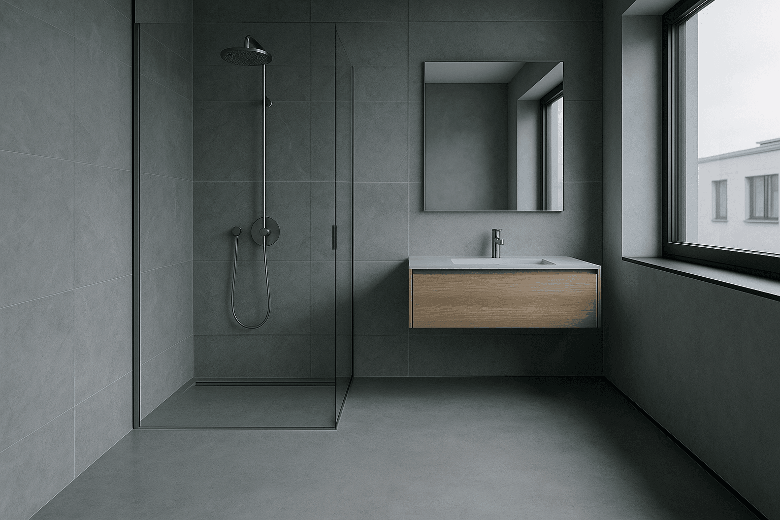 Heutiges Schilke-Studio: ein fertiges Premium-Bad mit cool-grauem Stein, Brushed-Chrome-Dusche und Eiche-Akzent.